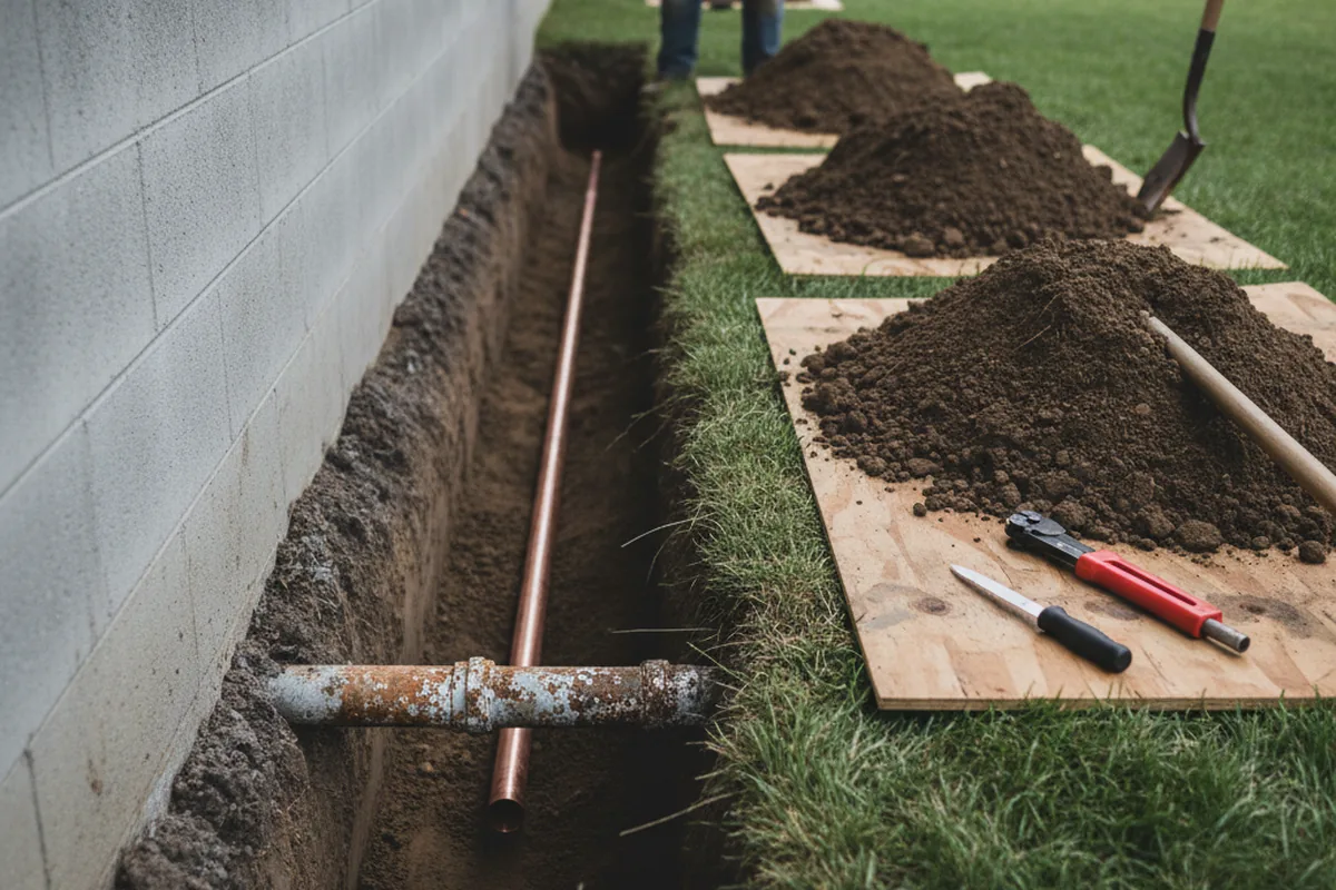 Excavated water line trench during Water Heater Repair in Ratcliff
